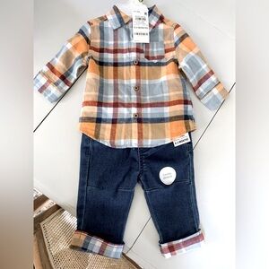 NEW Infant Baby 0-3 Month Plaid Flannel Button Up Shirt w/ Denim Jeans Set